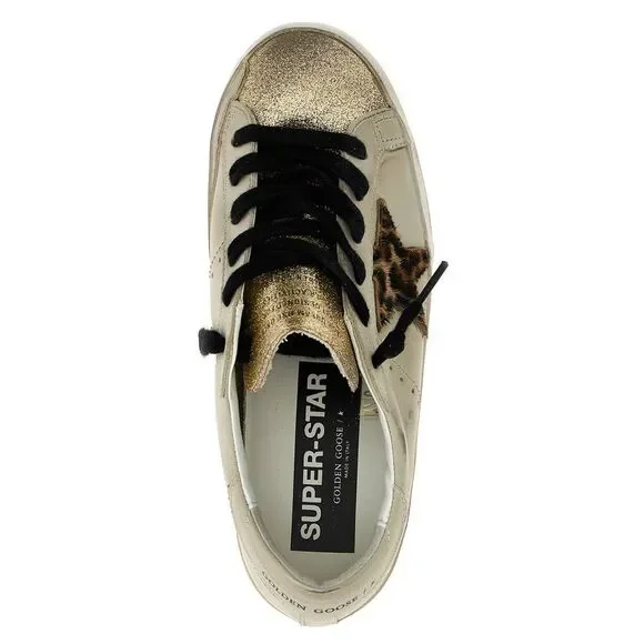 Golden Goose Beige Leather Sneakers with Leopard Star and Gold Glitter Accents
